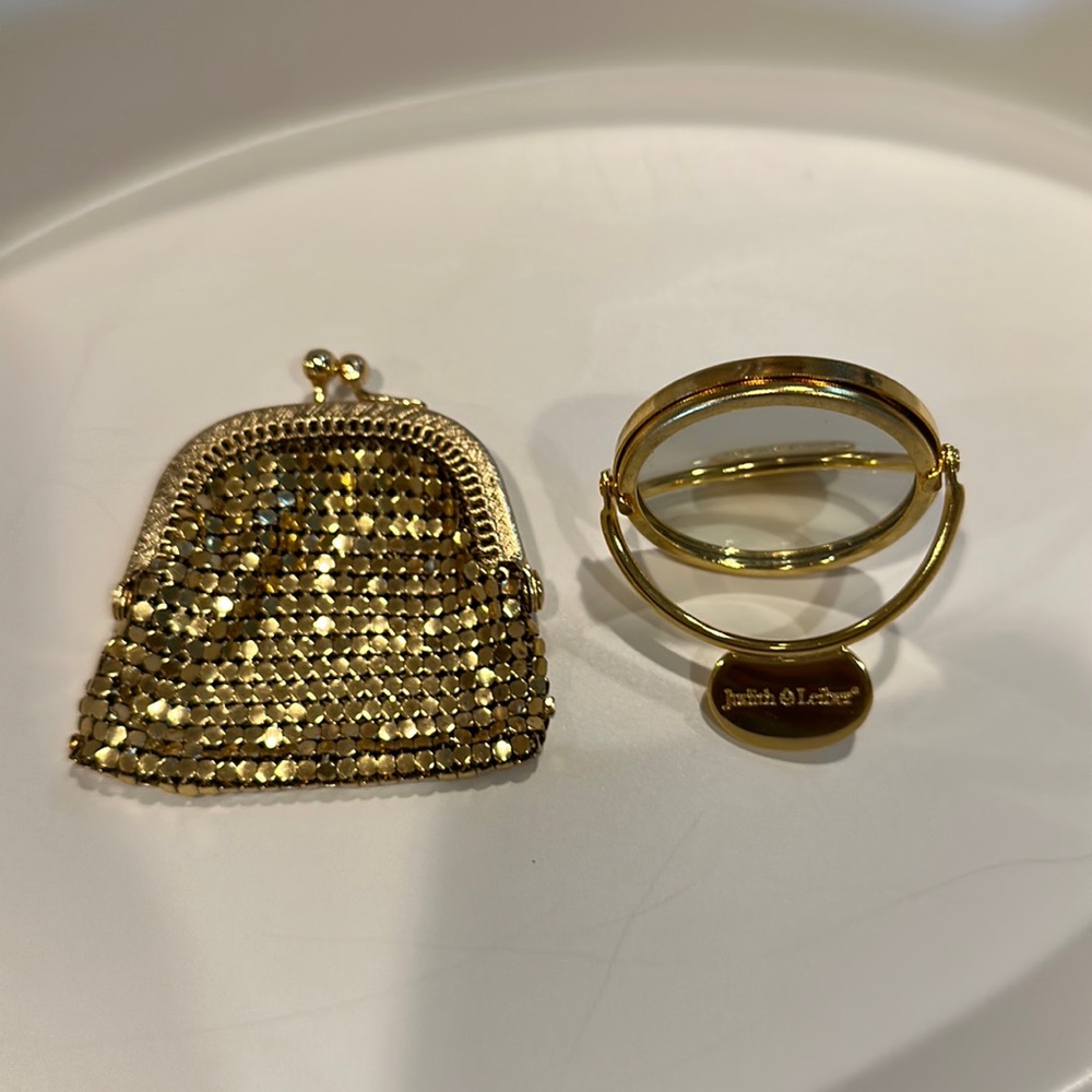 Judith Leiber Gold Sequin Coin Purse and Compact Set